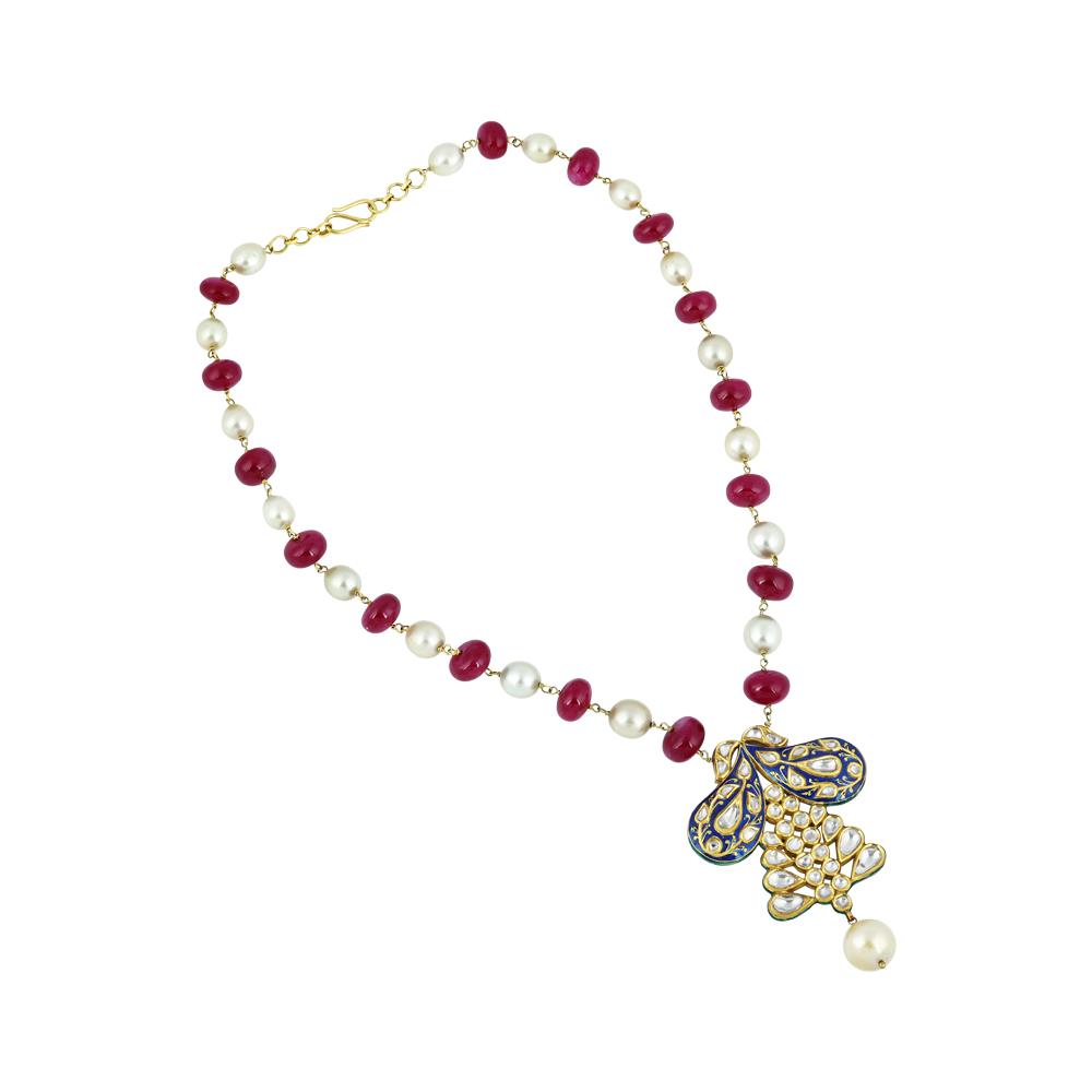 Polki Pendant Necklace with Blue Enamel Pendant